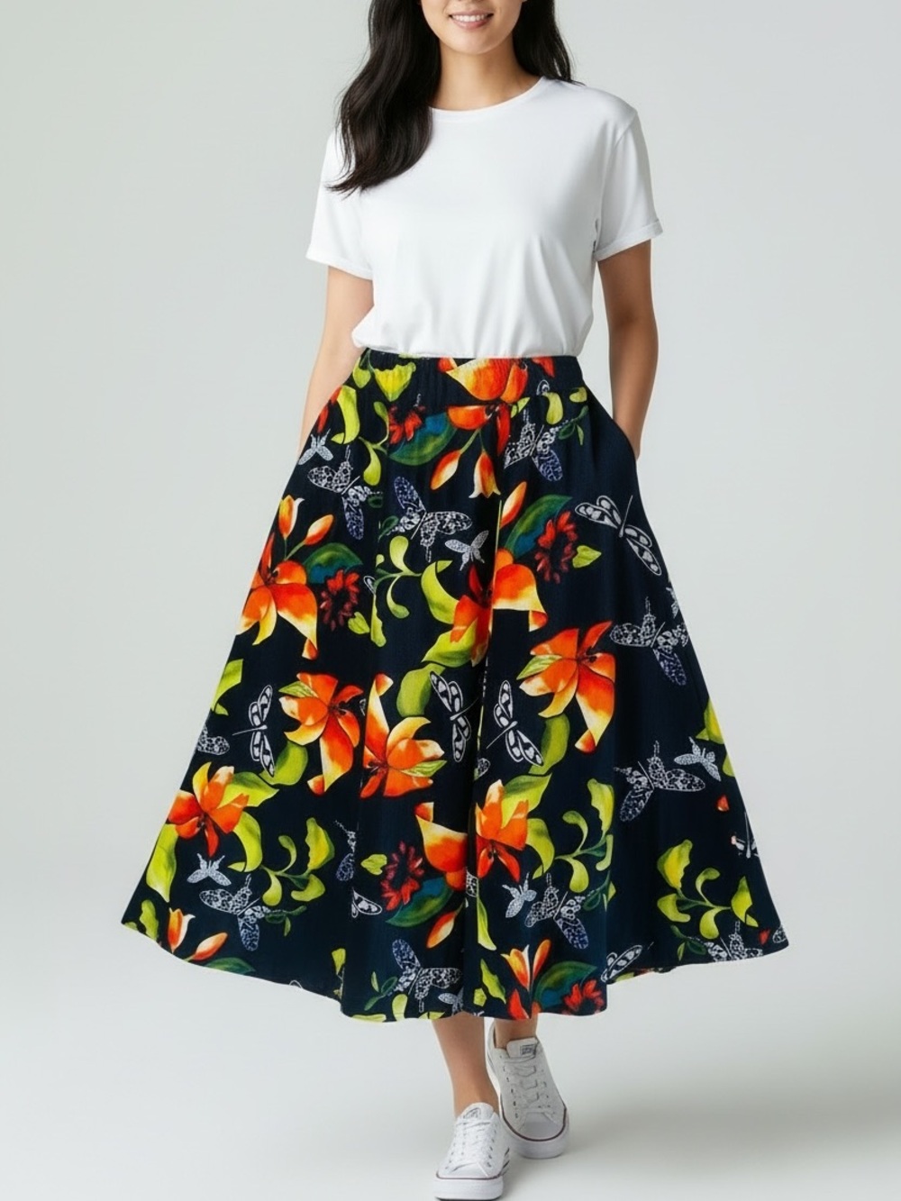 Soft Surroundings Black Butterfly/Dragonfly/Floral Flare Skirt Size PS